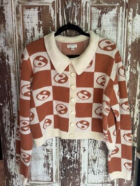 EARTHBOUND Cropped Checkerboard Cardigan Sweater - Cream & Rust